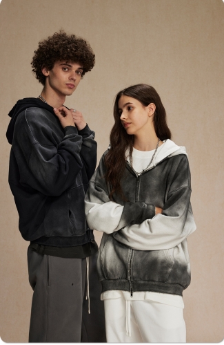 420g 100% cotton dirty dyed washed retro double zipper hoodie