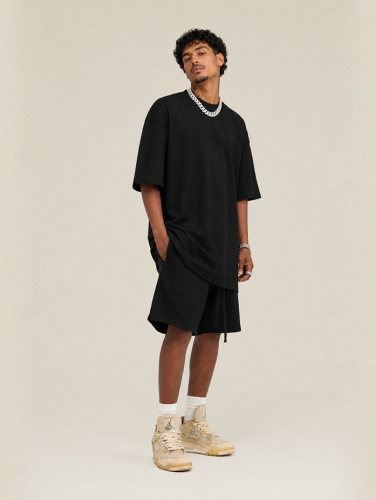 305G heavy earth color drop shoulder solid color short sleeve street oversize