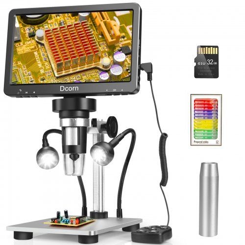 7'' Digital Microscope 1200X, Dcorn 12MP 1080P Photo/Video Microscope with 32GB TF Card for Adults Soldering Coins, Wired Remote,10 LED Fill Lights, Windows/Mac Compatible, Extension Tube Included