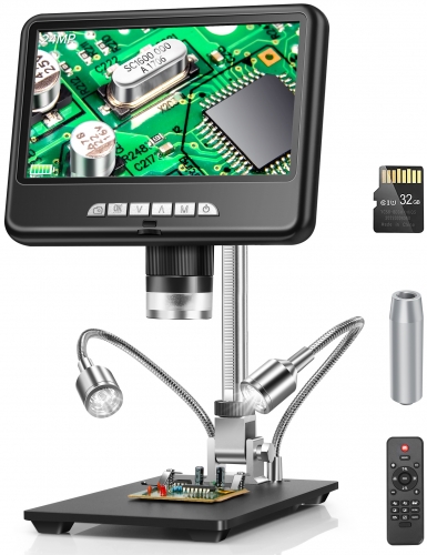 2K LCD Digital Microscope 1200X, Dcorn 7" 24MP HDMI Microscope, Soldering Coin Microscope with Lights, Extension Tube & 32GB Card Included, Coin Magnifier with Light