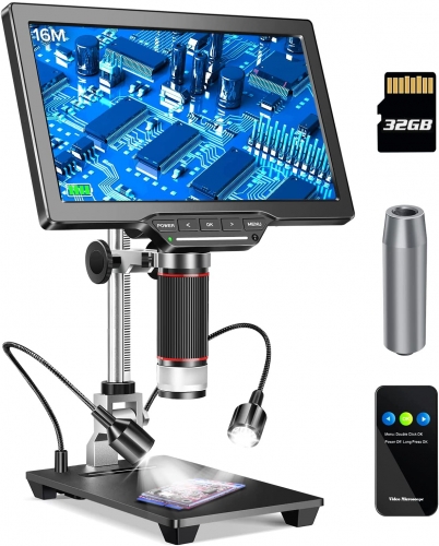 10" HDMI LCD Digital Microscope 1500X, Coin Microscope for Adults with 16MP Camera Sensor, Soldering Microscope with LED Lights Touch Control, Windows/Mac OS/TV Compatible, 32GB TF Card Included