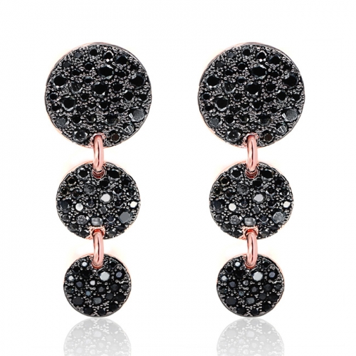 LLATO NUDO ™ Rose Gold Plated With Black Zircon Long Three Round Drop Earrings