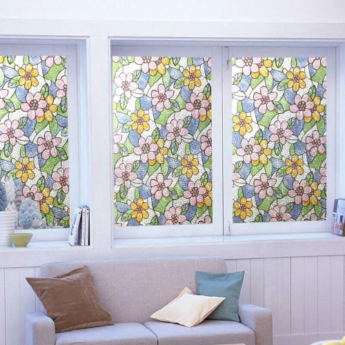 DUOFIRE Privacy Window Film Stained Glass Film No Glue Anti-UV Removable Window Cling Non-Adhesive Window Privacy Film（17.7 x 78.7inch）