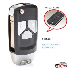 Upgraded Flip Remote key Fob 433MHz ID48 for Audi A3 A4 1999-2002 4D0 837 231 N