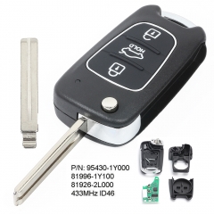 Upgraded Flip Remote Key Fob 433MHz ID46 for Kia Morning 2011-2012 P/N: 95430-1Y000