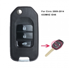 Upgraded Flip Remote Car Key Fob 3 Button 433 MHz ID46 for HONDA Civic from 2009-2014