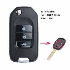 Upgraded Flip Remote Car Key Fob 3 Button 433 MHz ID47 for HONDA Civic After 2014 Year