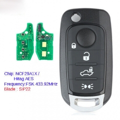 (Original Board) Replacement Remote Key Fob 4 Button 433.92MHz 4A for Fiat 500X Egea Tipo Hitag AES