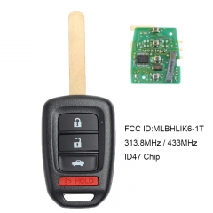 Remote Car Key 3+1 Button 313.8MHz / 433MHz for 2013-2016 Honda Accord Civic FCC ID:MLBHLIK6-1T