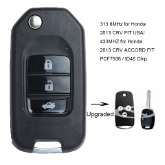 Upgraded Flip Remote Key Fob With ID46 chip 313.8MHz for Honda 2013 CRV FIT USA, 433MHZ for Honda 2013 CRV ACCORD FIT P/N: MLBHLIK-1T