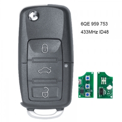 Flip Remote Key 3 Buttons With ID48 Chip 433MHz for Volkswagen P/N: 6QE 959 753