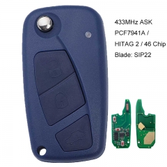 Flip Remote Key Fob 3 Button ASK 433MHz PCF7941 for Fiat Panda 2003-2012