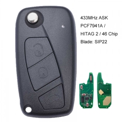 Black Flip Remote Key Fob 3 Button ASK 433MHz PCF7941 for Fiat Panda 2003-2012