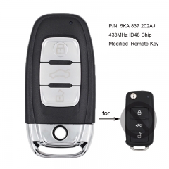 Modified Smart Remote Key 3 Button 433MHz ID48 Chip for VW Sagitar Passat Bora Tiguan Lavida P/N: 5K0 837 202AJ