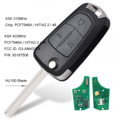 Replacement Flip 3 Buttons Remote Key Fob ASK 315MHz/433MHz PCF7946 for Vauxhall/Opel Vectra C,Signum 2003-2007 Uncut HU100 blade