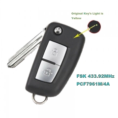 Flip Remote Key Yellow Led 2 Button PCF7961M / 4A CHIP 433.92MHz FSK Replacement for Nissan Qashqai 2019 2020