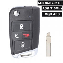 PN: 5G0 959 752 BE MQB AES ID88 Flip Keyless Remote Key Fob 315MHz for Volkswagen Golf GTI 5G0959752BE FCC ID: NBGFS12P01