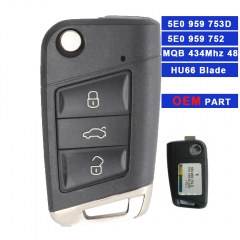 OEM / Aftermarket PN: 5E0 959 753 D / 5E0 959 752 434MHz MQB ID48 3 Buttons Flip Remote Key for Skoda Rapid Octavia MK3 2012-2018