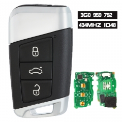 PN: 3G0959752 / 3G0 959 752 Reemplazo de mando a distancia inteligente Fob 3 botones 434MHz para Volkswagen Magotan Superb A7 Passat B8 2017-2018