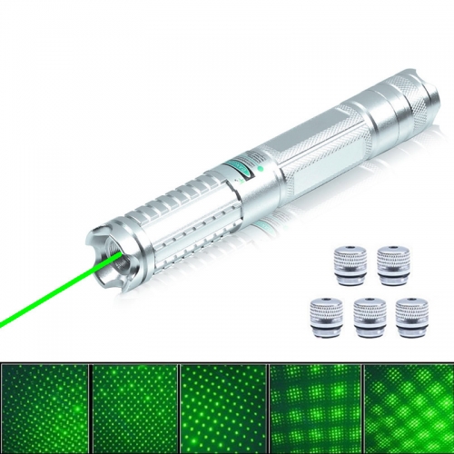 2000MW 532NM Green Laser Pointer with 5 Starry Caps Silver G012