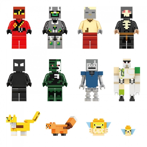 12Pcs MineCraft Herobrine Iron Golem Fox Pufferfish Big Ocelot Compatible Block Mini Figure Toys 11405