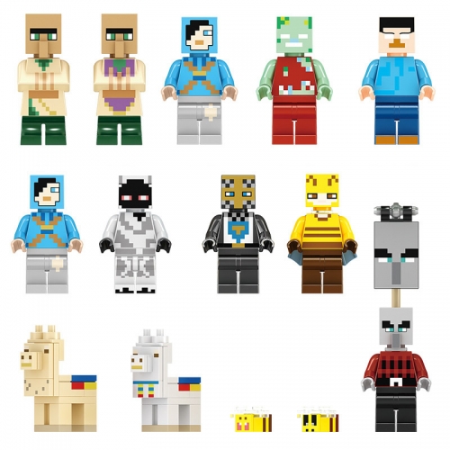 14Pcs Set MineCraft Herobrine Honey Picker Bee Llama Compatible Block Mini Figure Toys 11404