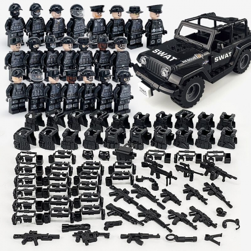 SWAT Military Building Blocks Mini Figures Set - SUV + 22Pcs Soldiers Minifigures with Weapons and Accessories