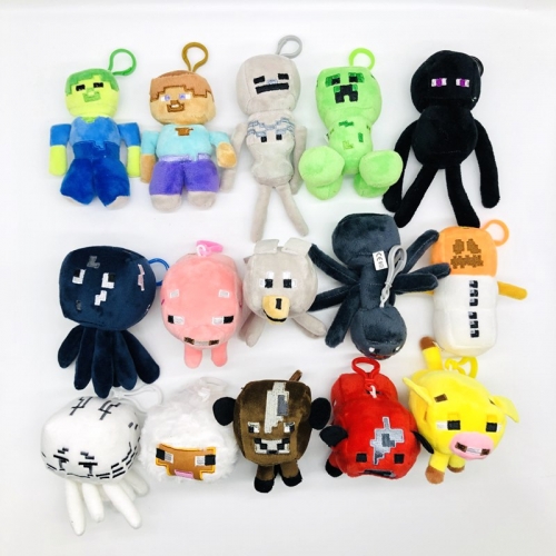 15Pcs Set Minecraft Plush Toys Stuffed Animals Mini Size with Hanging Clips 10-15cm/4-6Inch Tall