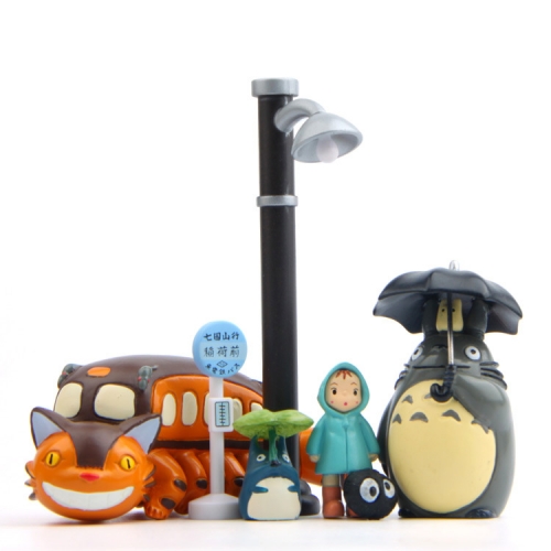 7Pcs Totoro Anime Action Figures Oh-Totoro Raincoat May Bus Cat Road Light PVC Models Kids Mini Toys 2.5-10cm/1-4Inch Tall
