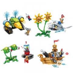 4-in-1 Plants vs Zombies Building Blocks Gatlin Pea Cob Cannon Mechanical Shark Mini Figures Shooting Toys 849Pcs Set HM9021