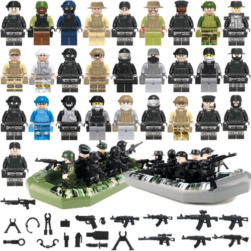 SWAT Military Building Blocks Toys Mini Figures Set - 2 Boats + 28Pcs Soldiers Minifigures with Weapons and Accessories