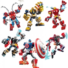 Super Heroes Mechas Building Blocks Iron Man Captain America Spiderman Thor Thanos Mecha Figures Plastic Toys 12-15cm/4.8-6Inch Tall