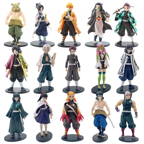 15Pcs Demon Slayer Action Figures PVC Display Models Kids Toys Cake Toppers with Baseplates 15CM/6Inch Tall