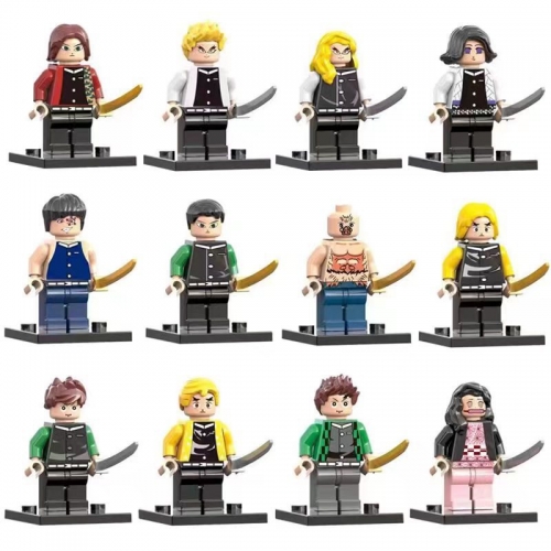 12Pcs Demon Slayer Minifigures Building Blocks Mini Figure Toys with Baseplates