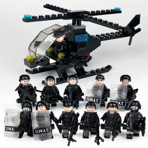 12Pcs Military SWAT Minifigures + 1 Helicopter Building Blocks Mini Figures Toys with Weapons and Accessories Set C