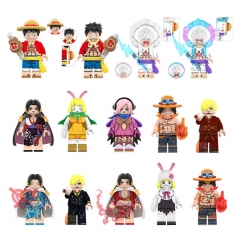14-Pack One Piece Building Blocks Luffy Hancock Carrot Ace Mini Action Figures with Background Boards DIY Bricks Kids Toys Set