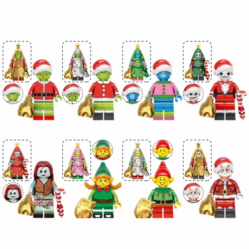 8-Pack Christmas Series Building Blocks Grinch Jake Sally Santa Mini Figures DIY Bricks Models Kids Educational Toys Set TV6302
