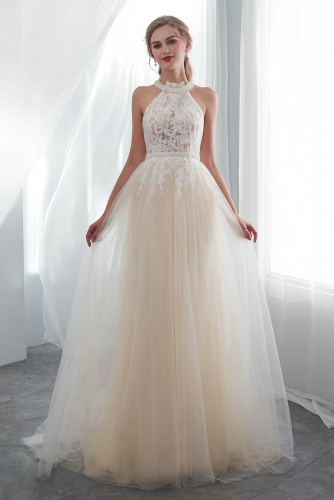 Ivory Lace Over Champagne Tulle Wedding Dresses