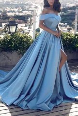 Off Shoulder Pastel Blue Long Train Satin Dress with Slit