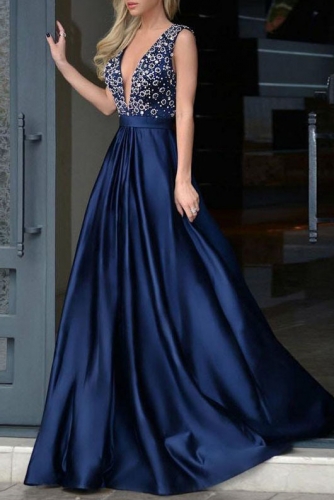 Sexy Low V Back Beaded Navy Satin Prom Dresses