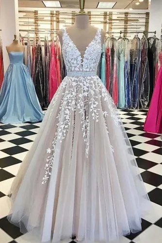 Champagne Beaded Tulle Evening Dress with Ivory Lace