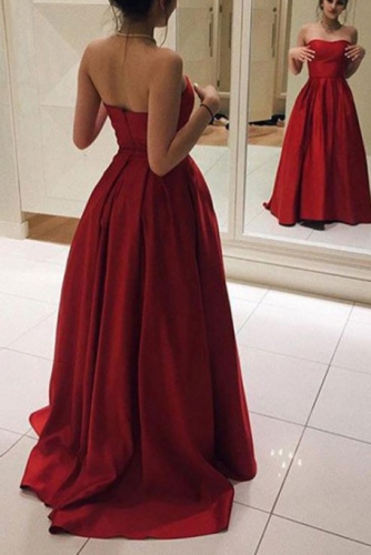 Pleated Dark Red Sweetheart Satin Prom Dresses