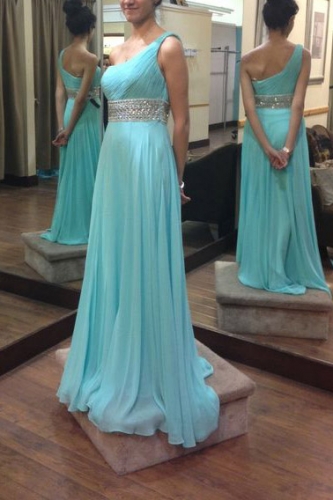 One Shoulder Chiffon Dresses with Beaded Waistband