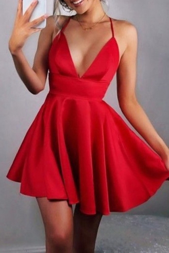 Short Sexy Red Satin Halter Neck Cocktail Dresses