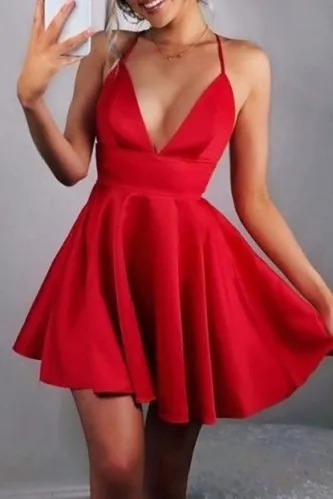 Short Sexy Red Satin Halter Neck Cocktail Dresses