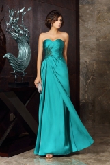 Turquoise A Line Satin Face Chiffon Dress with Pleats