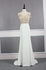 V Neckline Ivory Dress with Beaded Off Shoulder Bodice