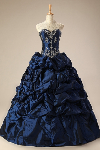 Navy Blue Ball Gown Taffeta Quinceanera Dress with Embroidery