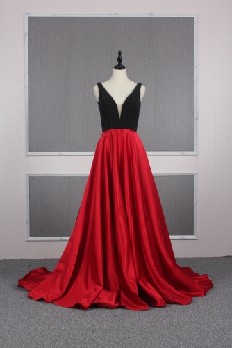 Low V Neck Red Satin Prom Dresses with Black Beaded Bodice