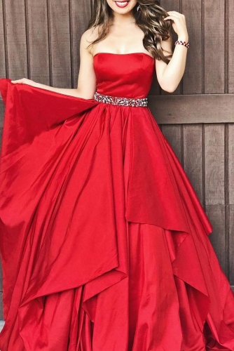 Strapless Red A Line Taffeta Dresses with Beaded Belt